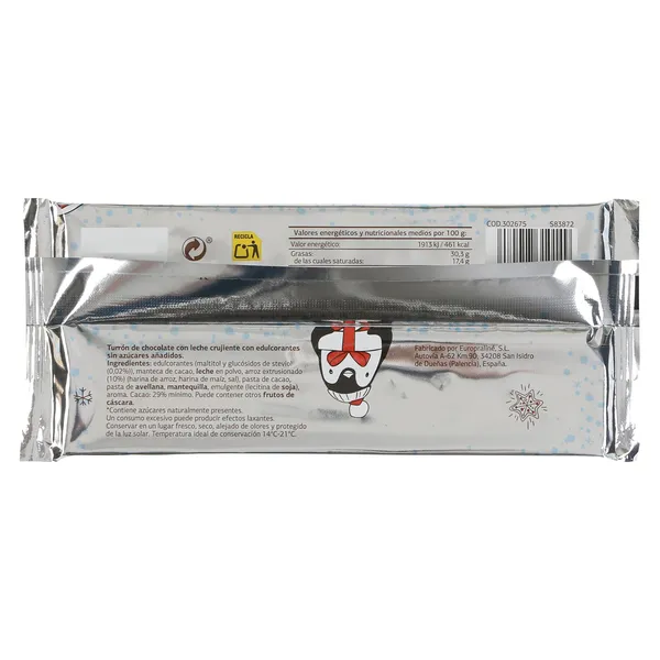 Turrón crujiente de chocolate sin azúcares añadidos Dulce Noel Dia bolsa 110 g 3