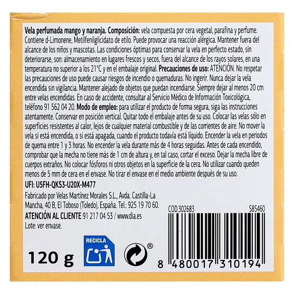 Vela perfumada mango y naranja Dia Imaqe caja 1 unidad 4