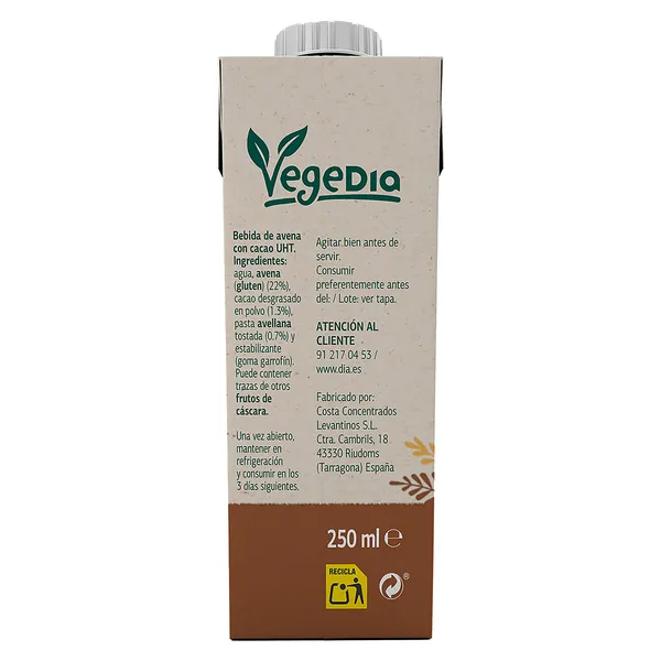 Bebida de avena con cacao Vegedia brik 250 ml 3