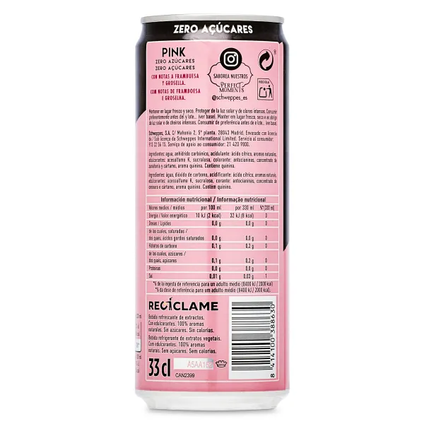 Tónica rosa zero Schweppes lata 33 cl 2