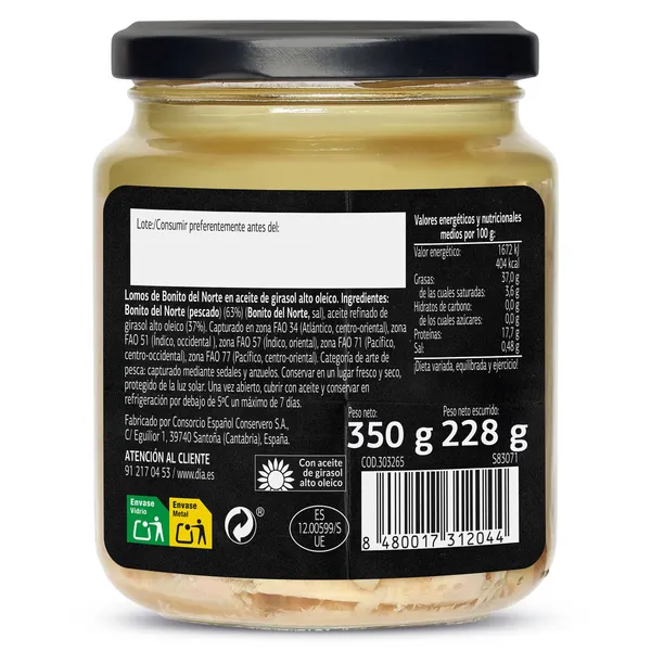 Bonito en aceite de girasol alto oleico Dia Mari Marinera frasco 228 g 2