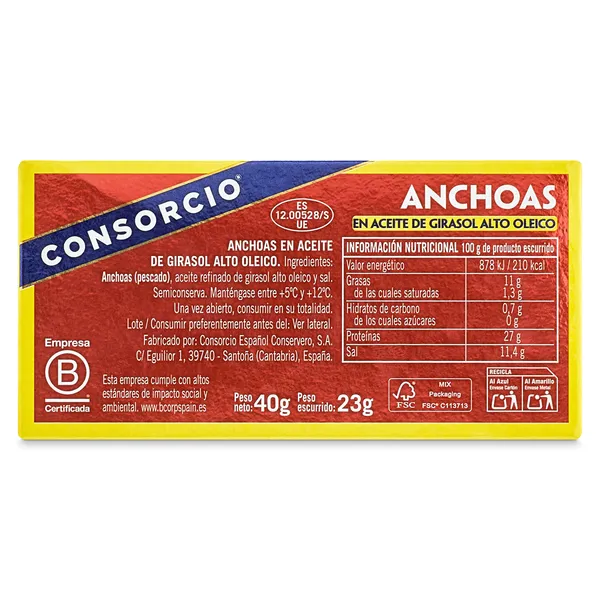 Filetes de anchoa en aceite de girasol alto oleico Consorcio lata 23 g 3