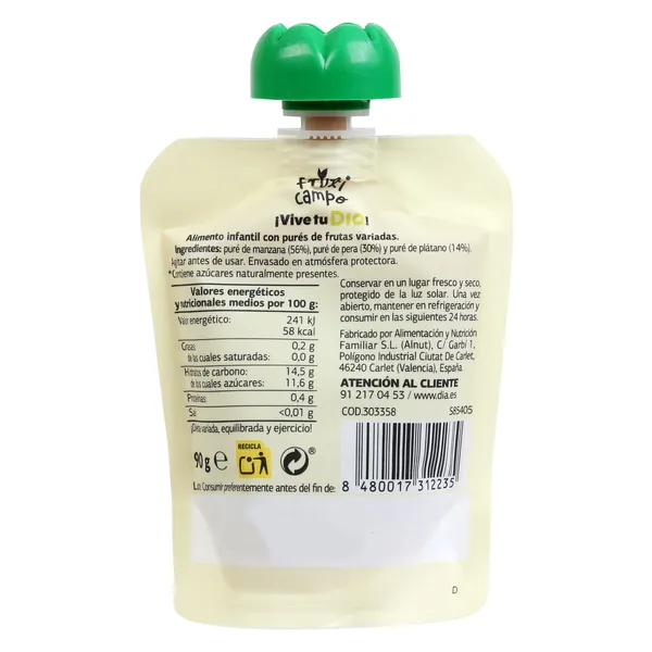 Alimento infantil con puré de manzana, pera y plátano Dia Fruticampo 90 g 3