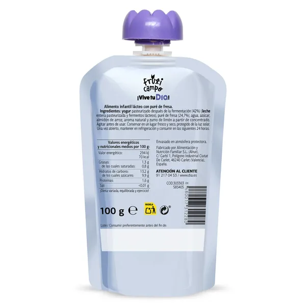 Alimento infantil lácteo con puré de fresa Fruticampo de Dia bolsa 100 g 2