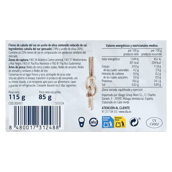 Filetes de caballa en aceite de oliva reducido en sal Dia Mari Marinera lata 85 g 3