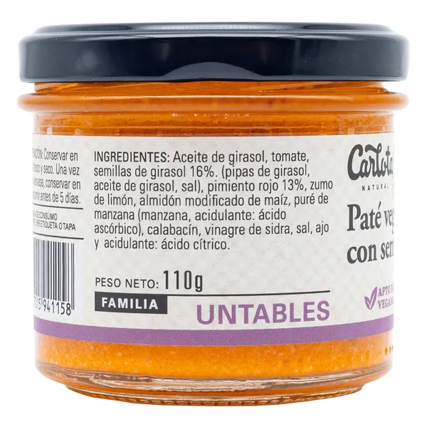 Paté vegetal de pimiento con semillas de girasol Carlota Organic frasco 110 g 2