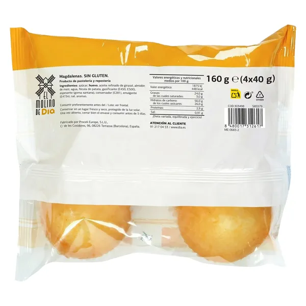 Magdalenas sin gluten El molino de Dia bolsa 160 g 2