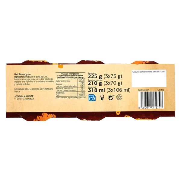 Maíz dulce Dia Vegecampo 3 x 70 g 3