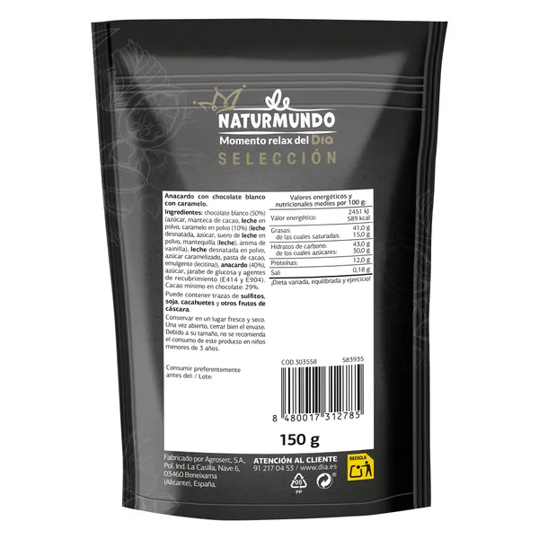Anacardos recubiertos con chocolate blanco y caramelo Naturmundo de Dia bolsa 150 g 2