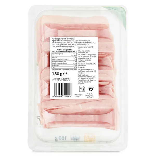 Jamón de pavo finas lonchas Nuestra Alacena de Dia sobre 180 g 2