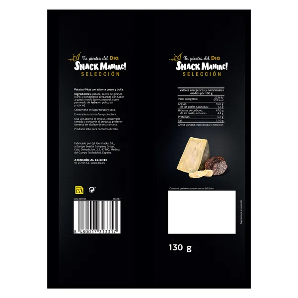 Patatas fritas a la sartén sabor queso curado y trufa Snack Maniac de Dia bolsa 130 g 2