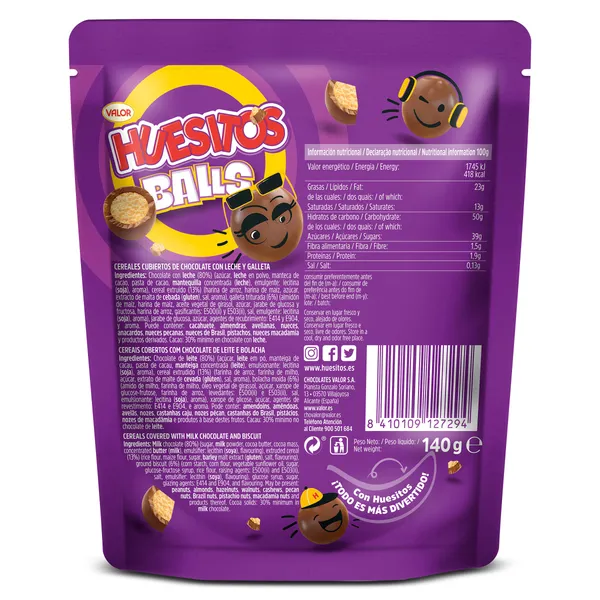 Cereales cubiertos de chocolate y galleta balls Huesitos bolsa 140 g 2