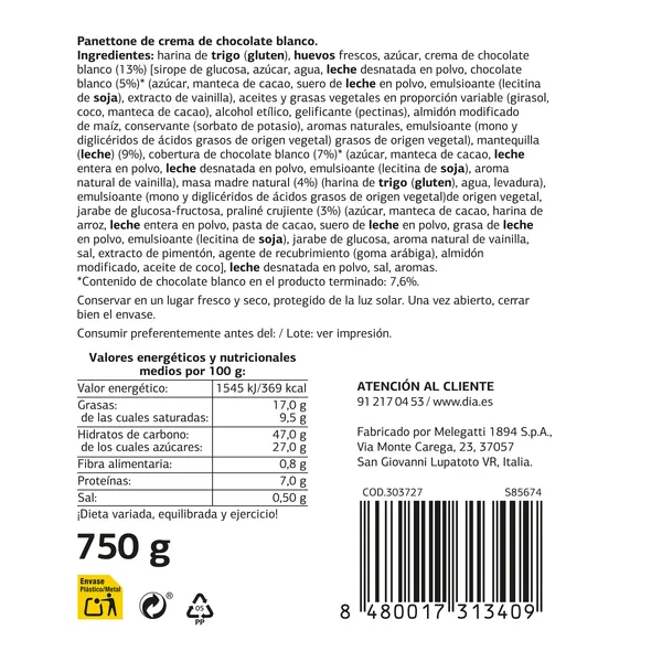 Panettone relleno con cobertura de chocolate blanco El Molino de Dia bolsa 750 g 4