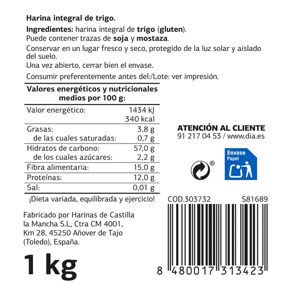 Harina de trigo integral El Molino de Dia 1 Kg 4