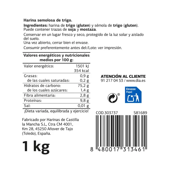 Harina de trigo especial frituras El molino de Dia paquete 1 Kg 3