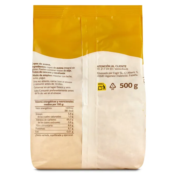 Copos de avena 100% integral sin gluten Gran Dia bolsa 500 g 4