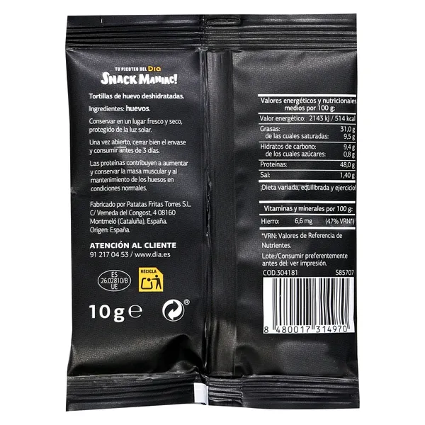 Chips de huevo alta en proteínas Snack Maniac de Dia bolsa 10 g 2