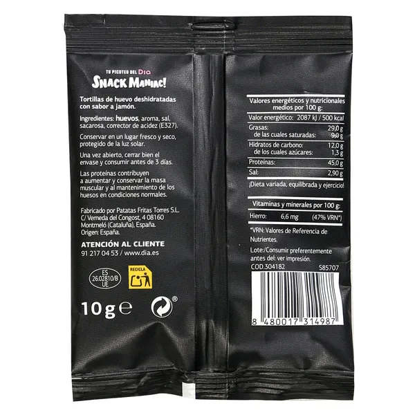 Chips de huevo sabor jamón alta en proteínas Snack Maniac de Dia bolsa 10 g 2