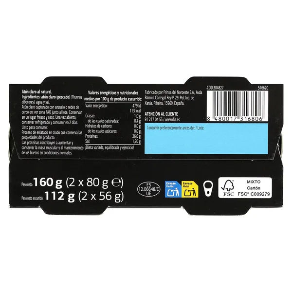 Atún claro al natural alto en proteínas Dia Mari Marinera 2 x 56 g 4