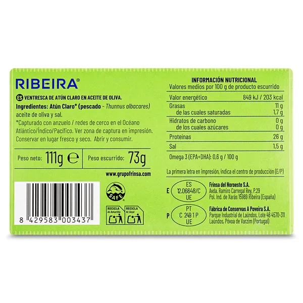 Ventresca de atún claro en aceite de oliva Ribeira 73 g 3