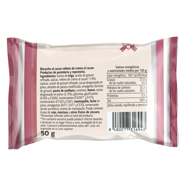 Bizcocho al cacao relleno de cacao El molino de Dia bolsa 50 g 2