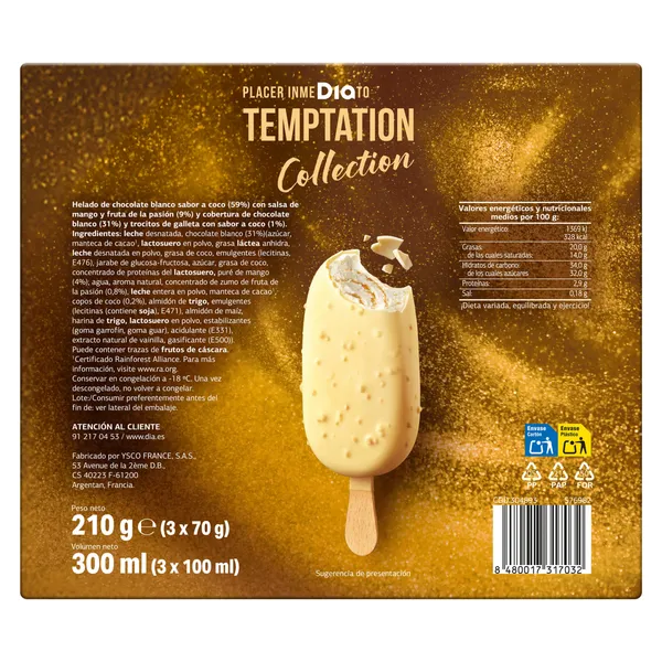 Helado bombón coco y mango Dia Temptation 3 x 70 g 3
