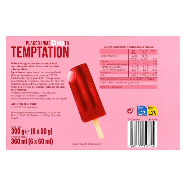 Helado sabor cereza relleno sabor chicle 6 unidades Temptation de Dia caja 300 g 3