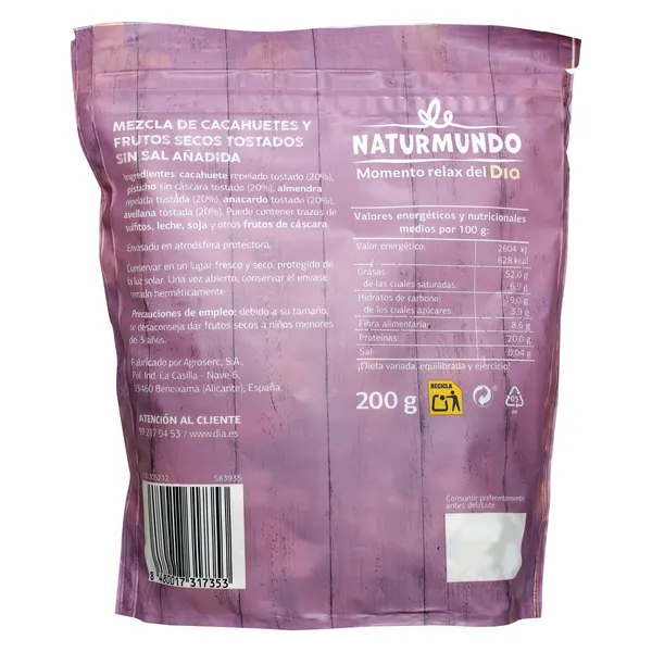 Mix de frutos secos tostado sin sal añadida Naturmundo de Dia bolsa 200 g 2