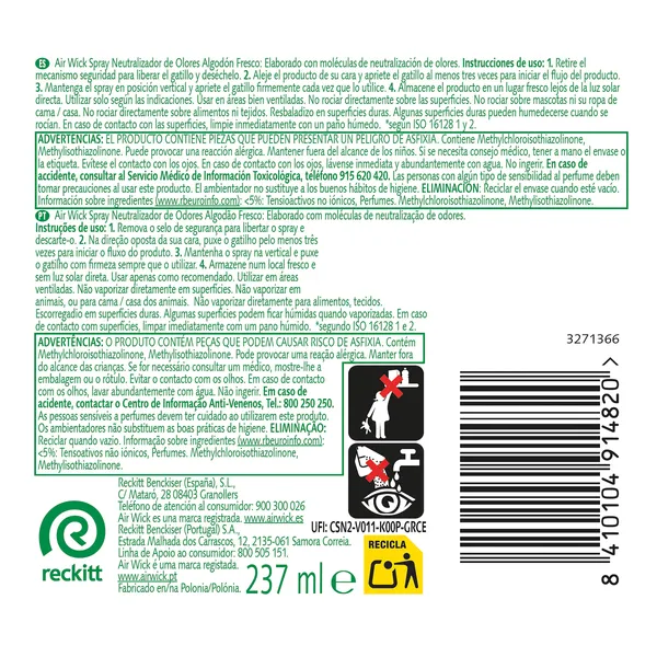 Neutralizador de olores algodón fresco Air Wick spray 1 unidad 2
