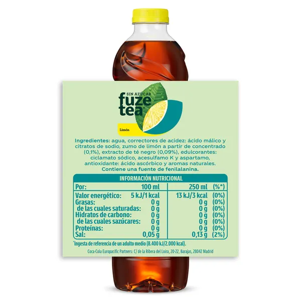 Refresco de té Limón sabor original sin azúcar Fuze tea botella 1.5 L 2