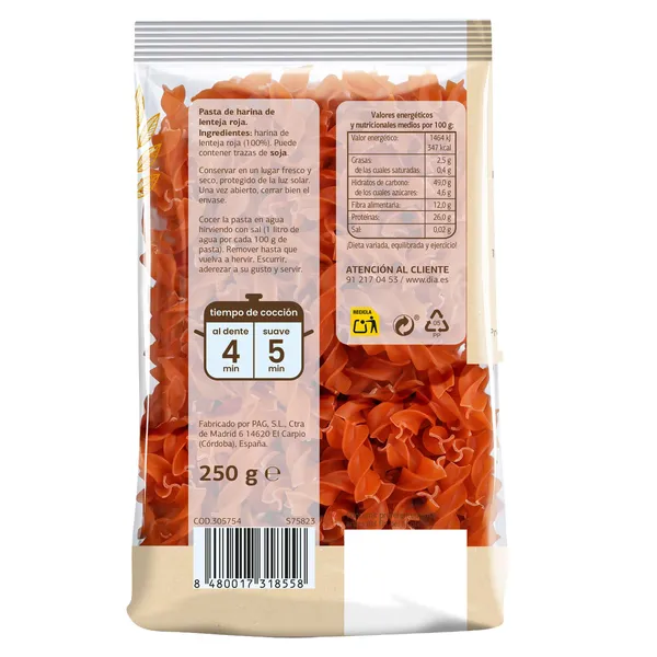 Espirales 100% de lenteja roja Dia Al Diante 250 g 3