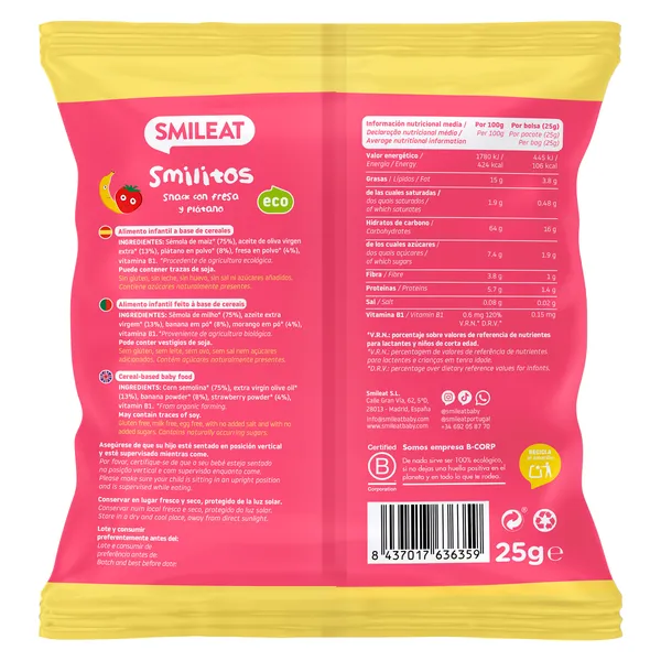 Snack infantil con fresa y plátano smilitos Smileat 25 g 3