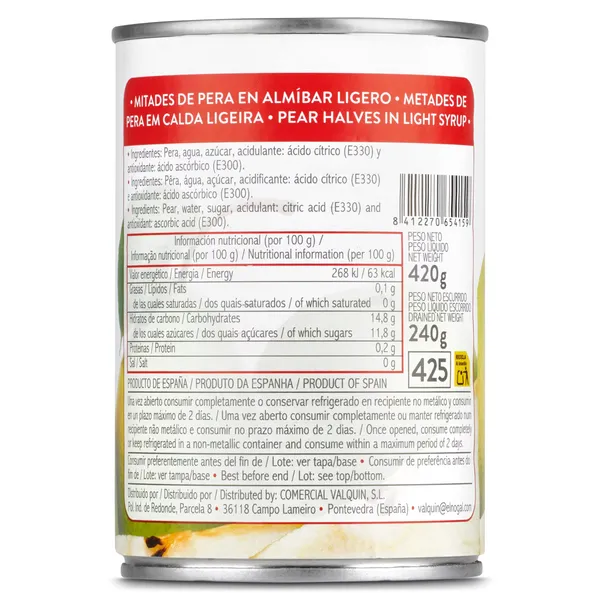 Pera en almíbar Norvi lata 240 g 2