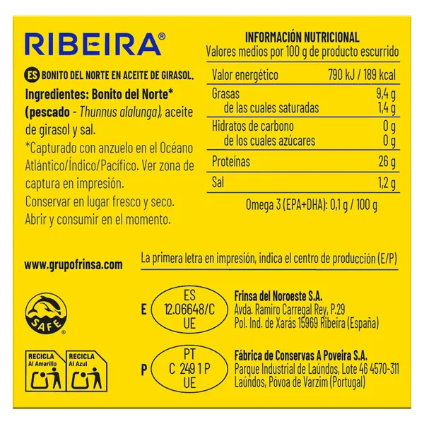 Bonito del Norte en aceite de girasol Ribeira lata 60 g 2