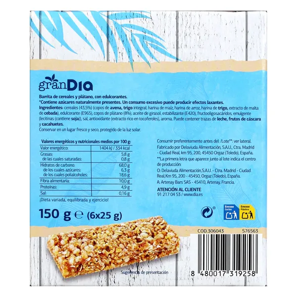 Barritas de cereales con plátano sin azúcares añadidos Gran Dia 150 g 3