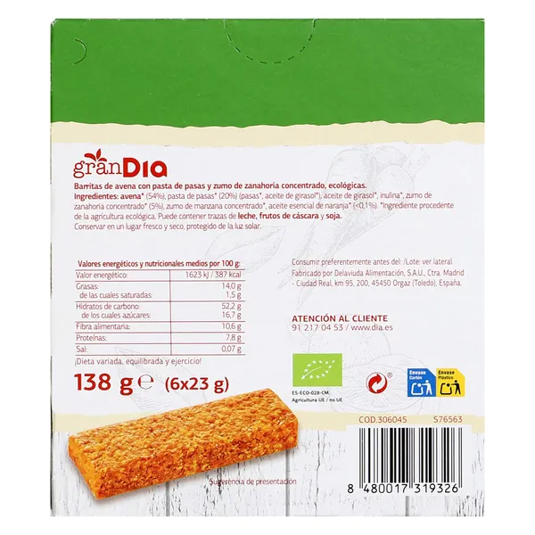 Barritas de avena y pasas con zanahoria y naranja Gran Dia 138 g 4
