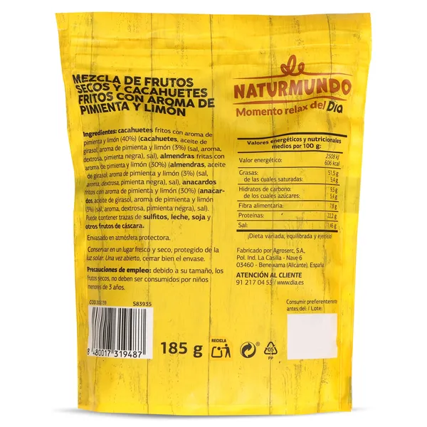 Mix de frutos secos sabor limón y pimienta Naturmundo de Dia bolsa 185 g 2