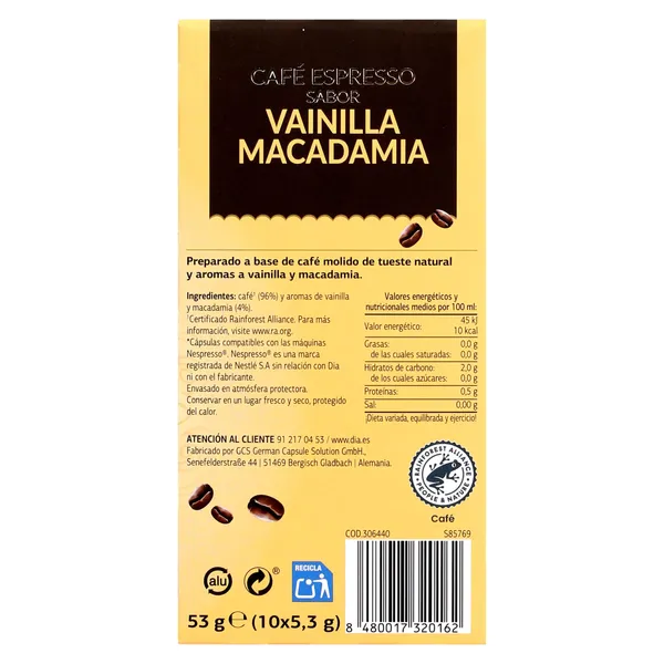 Café en cápsulas espresso vainilla Macademia Arom'arte de Dia caja 10 unidades 3