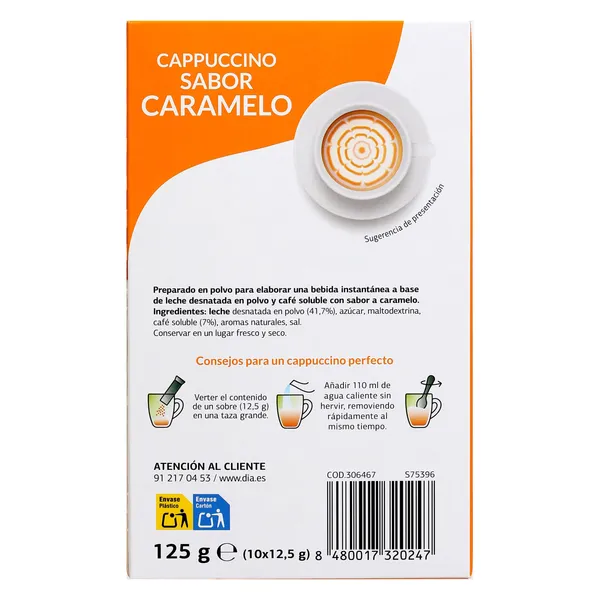 Café soluble cappuccino sabor caramelo en sobres Dia Cafetería 125 g 4