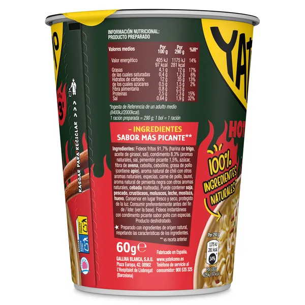 Fideos orientales hot & spicy Gallina Blanca Yatekomo vaso 60 g 2