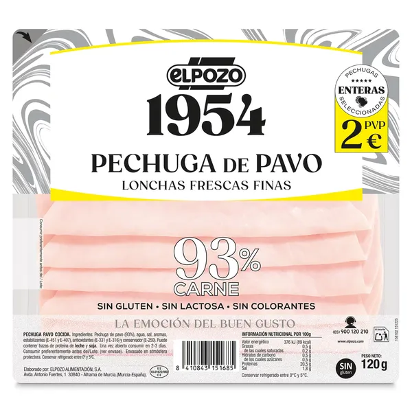 Pechuga de pavo 93% Elpozo 1954 120 g 2