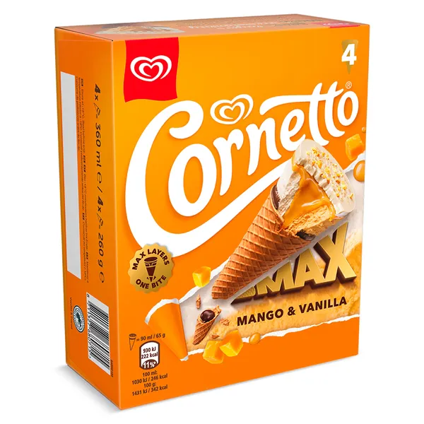 Helado cono de mango y vainilla max 4 unidades Cornetto caja 260 g