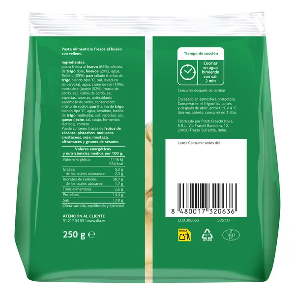 Pasta fresca rellena Gran Tortello de carne Dia Selección Mundial bolsa 250 g 3