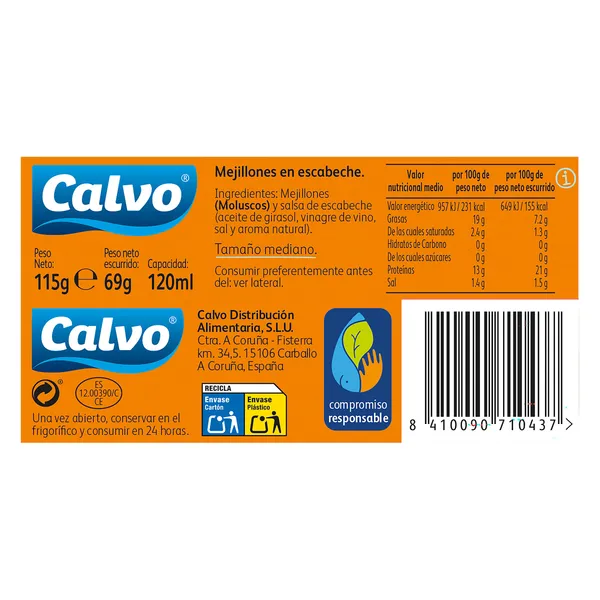 Mejillones en escabeche 8/12 piezas Calvo lata 69 g 2