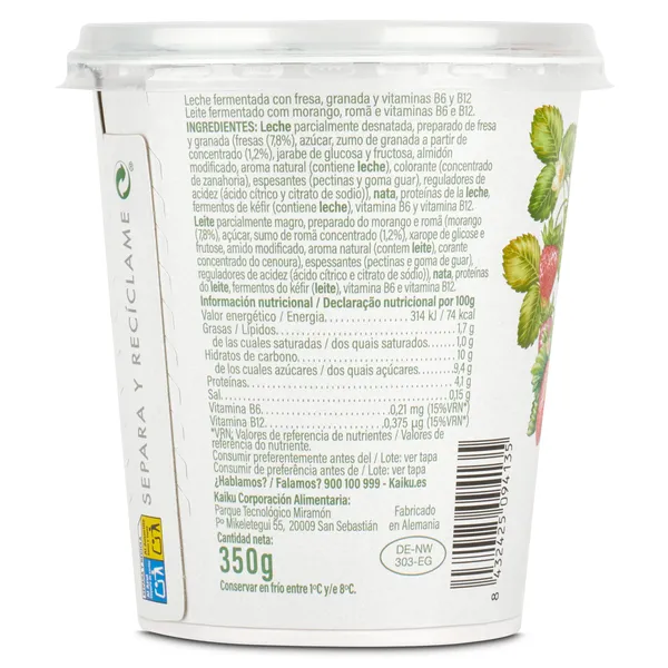 Kéfir sabor fresa y granada Kaiku tarrina 350 g 2