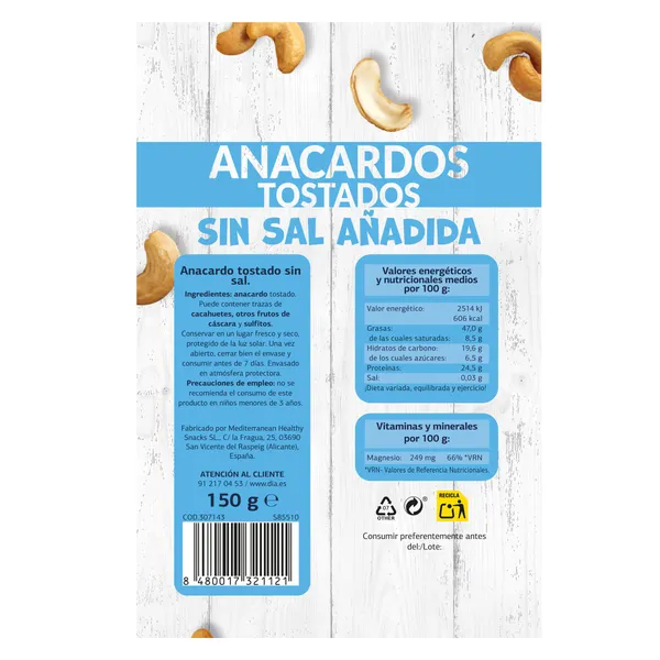 Anacardos tostados sin sal añadida Dia Naturmundo 150 g 3