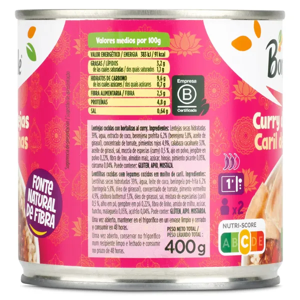 Curry de lentejas Bonduelle lata 400 g 2