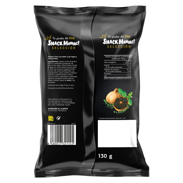 Patatas fritas a la sartén ajo negro y finas hierbas Snack Maniac de Dia bolsa 130 g 2