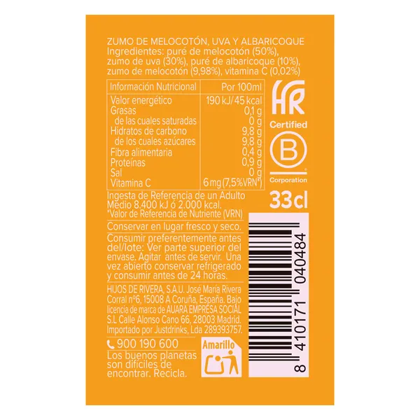 Zumo de melocotón 100% exprimido Auara 330 ml 3