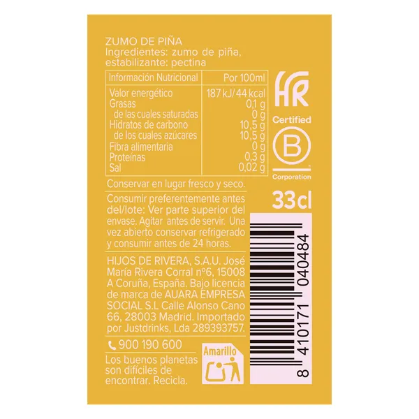 Zumo de piña 100% exprimido Auara 330 ml 2
